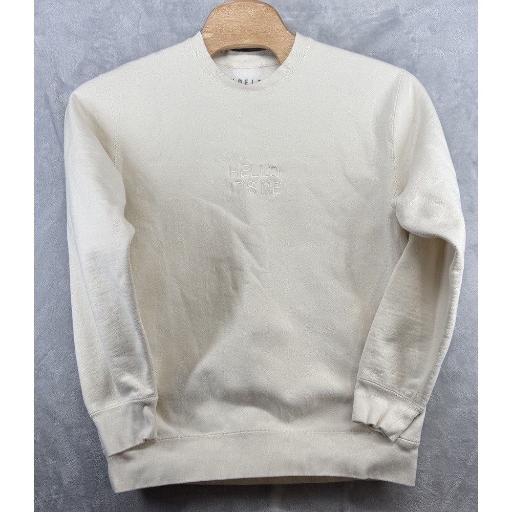 Adele Hello It's Me Sweatshirt Cream‎ Embroidered Pullover Crewneck Size L 24x29